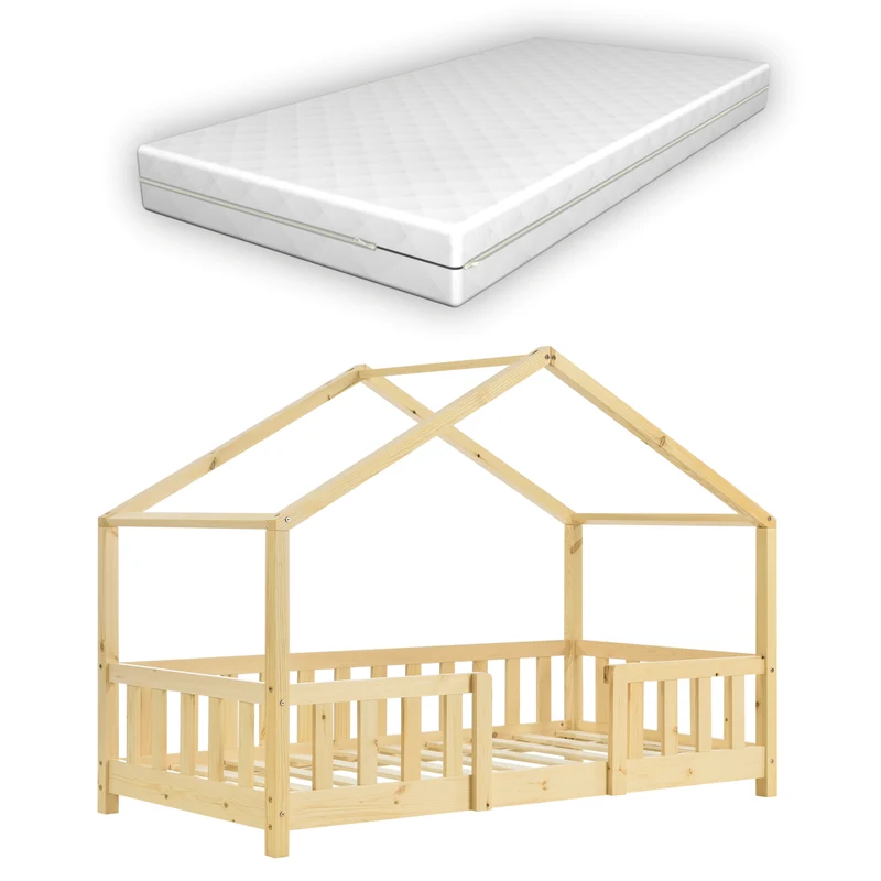 Lit pour enfant cabane maison avec matelas barrière et sommier en bois de pin naturel 70 x 140 cm 03_0005458