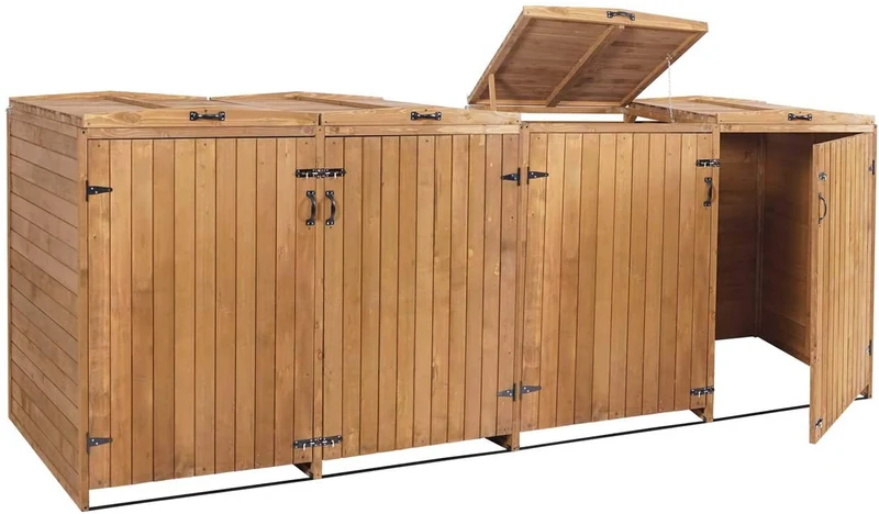 Abri de poubelles extérieur conteneurs à ordures jusqu'à 8 bacs avec couvercle 126x316x98 cm en bois certifié FSC marron 04_0002872