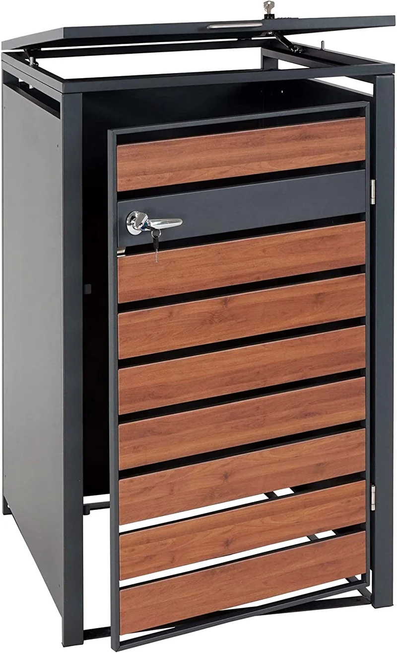 Abri de poubelle vérouillable en métal anthracite aspect bois de cerisier brun foncé MDJ04178