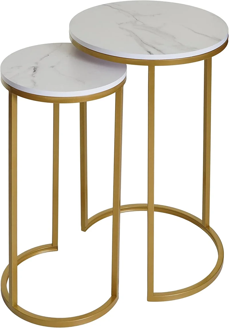 Ensemble de 2 tables d'appoint aspect support plante bouts de canapés marbre MDF blanc et doré TAB04013