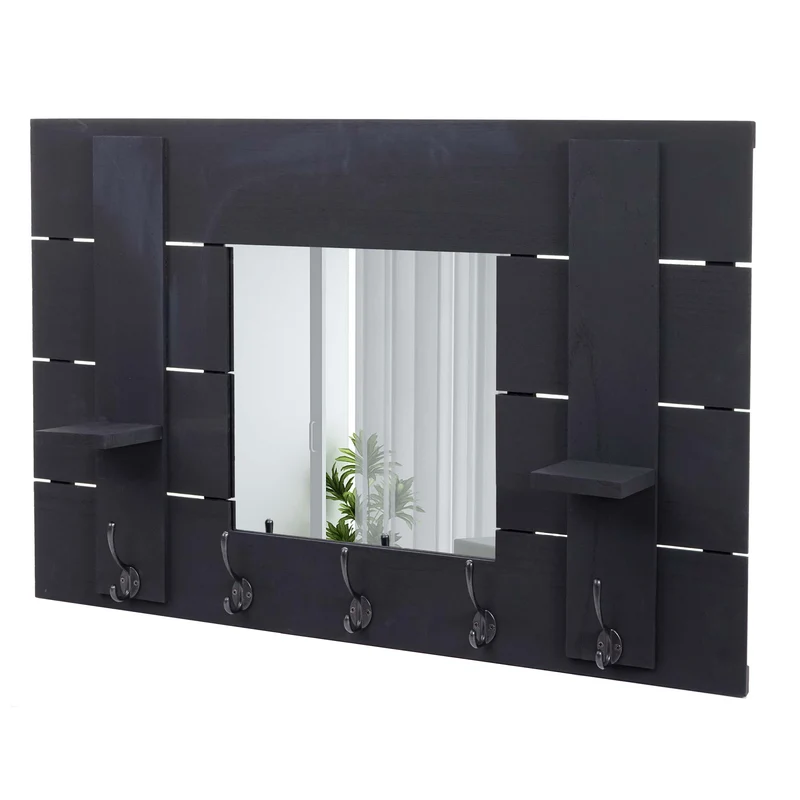 Porte manteau mural miroir panneau style vintage avec 5 crochets 90x60cm en bois gris foncé 04_0000996