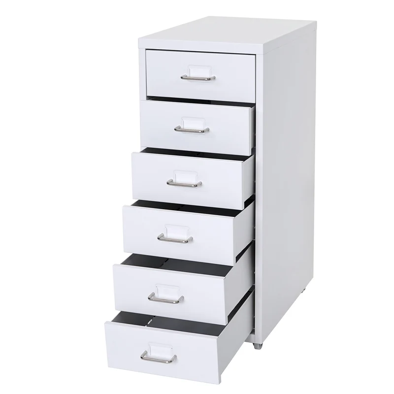 Caisson à tiroirs rangement bureau sur roulettes 69x28x41cm 6 tiroirs en acier blanc 04_0004357