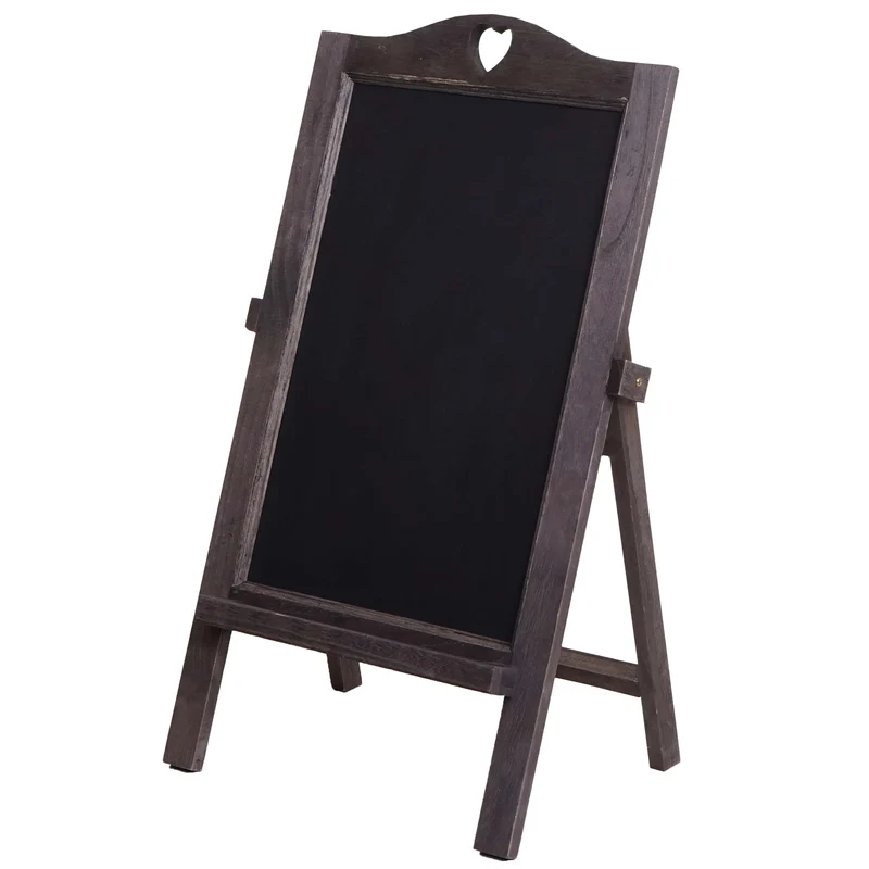 Panneau publicitaire sur pied avec décoration cœur compartiment rangement pour craies 66x37x27 cm aspect vieilli vintage gris-brun 04_0008575