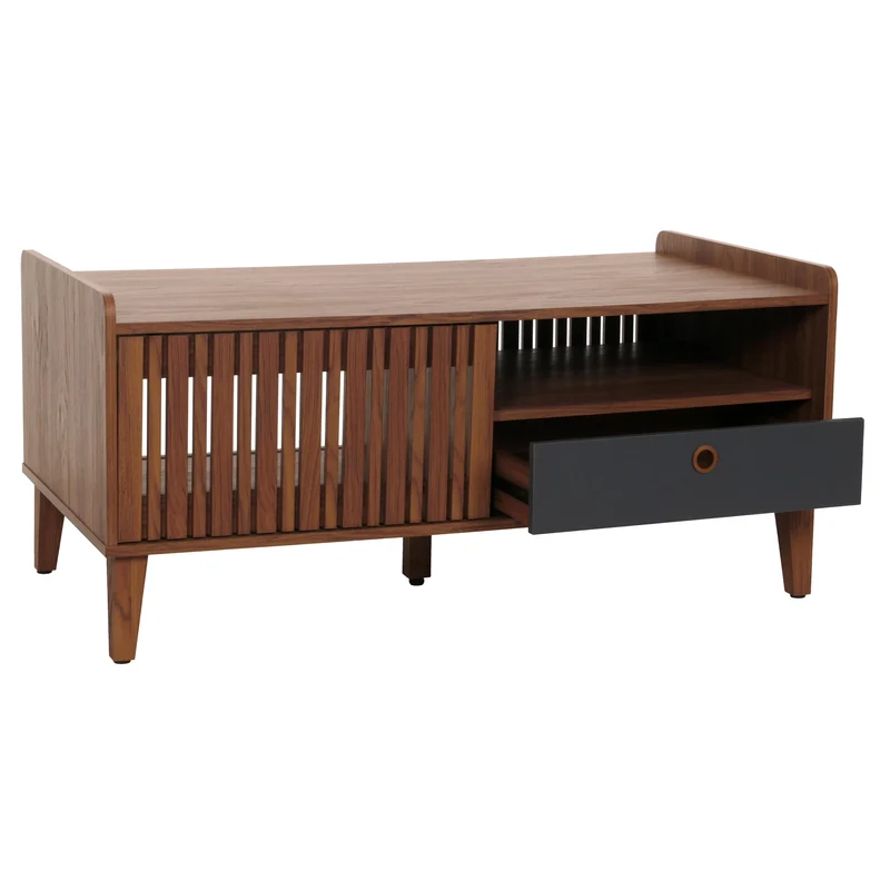 Table basse 2 compartiments de rangement et 1 tiroir en bois de manguier 52x114x59 cm tiroir gris foncé 04_0008456