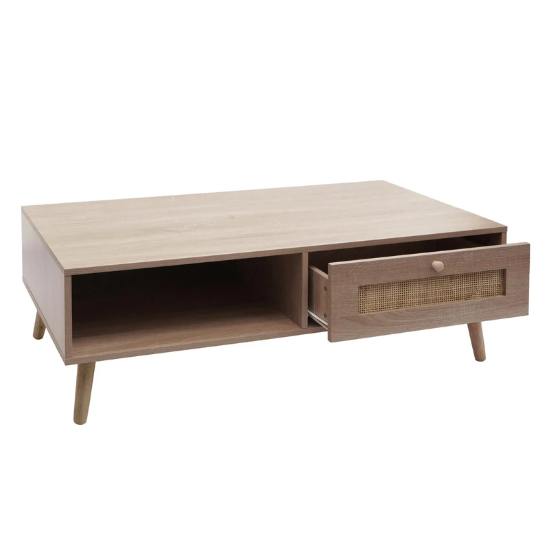 Table basse table d'appoint avec tiroir kubu rotin bois mélamine 37 x 110 x 59 cm aspect chêne 04_0008449