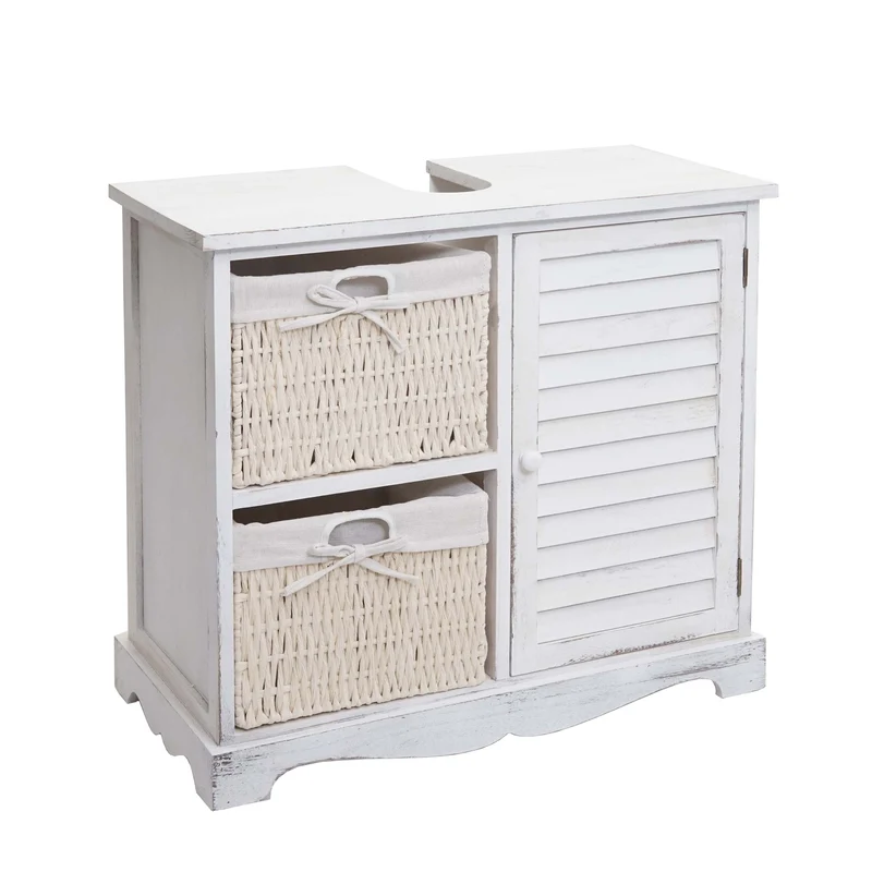 Meuble sous lavabo sous-vasque avec tiroirs panier en bois blanc vieilli 60x65x31 cm 04_0007844