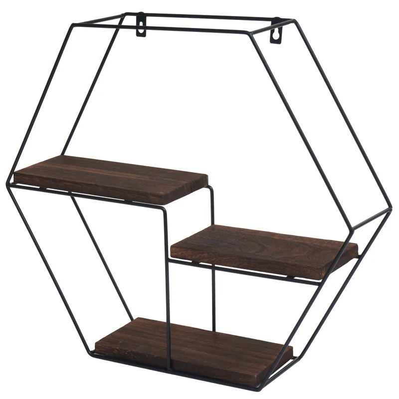 Étagère murale suspendue 3 étagères en métal et bois marron foncé design industriel 43x49x11 cm 04_0008658