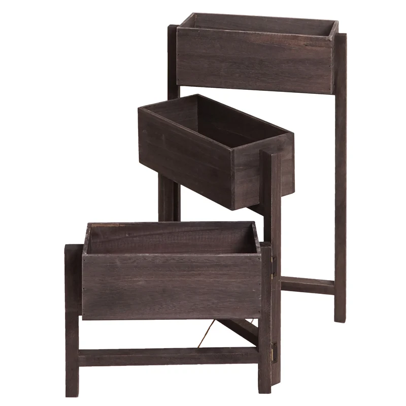 Étagère à plantes sur pied support à fleurs trois paniers jardinière 65x108x15 cm bois aspect vieilli vintage gris-brun 04_0008699